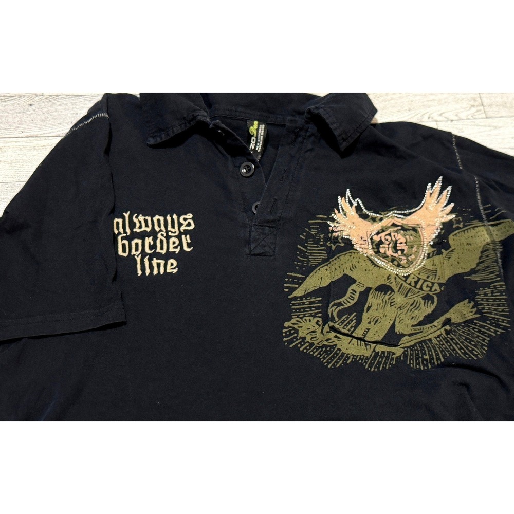 Etzo Denim Mens Black Graphic Polo Shirt Rhinestone Y2K Gothic Winged Crest LG